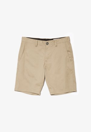 Shorts beige décontractés avec passants pour ceinture, poches avant, fermeture à bouton et coutures visibles, posés à plat sur fond blanc.