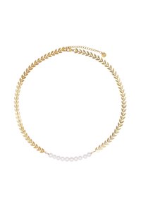 Collana con motivo in foglia d'oro e una delicata catena, caratterizzata da una fila di piccole perle bianche nella parte anteriore. Lunghezza regolabile con chiusura.