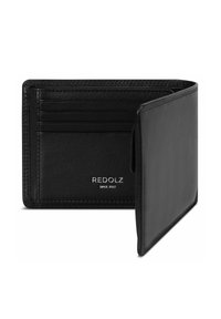 Black leather bifold wallet open to show four card slots and a larger compartment, branded "REDOLZ SINCE 2007" inside.