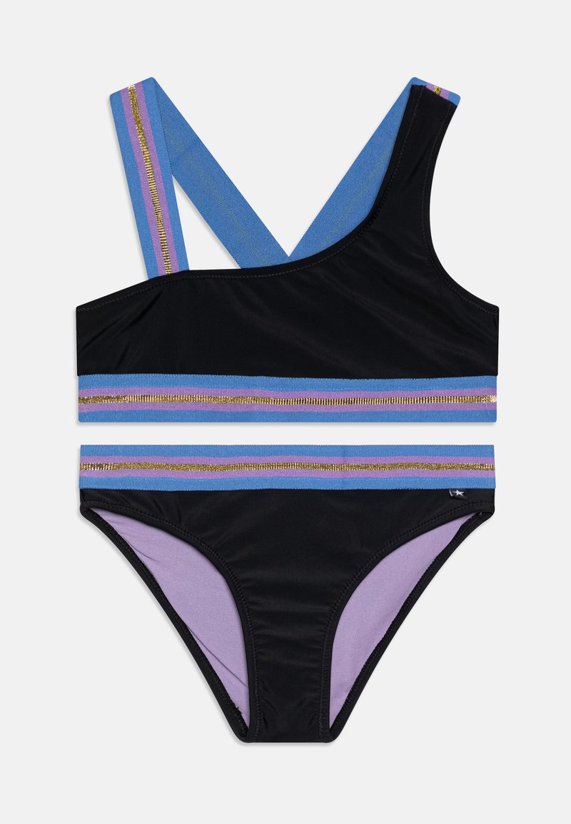 Μαύρο μαγιό με μπλε, λεβάντα και χρυσές ρίγες. Διαθέτει σχέδιο με σταυρωτούς ώμους και λεία υφή.