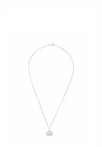 Collana d'argento con una catena delicata e un pendente a forma di fiore di loto, caratterizzato da dettagli intricati e una finitura lucida.