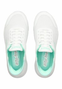 White mesh slip-on shoes with a textured surface, featuring turquoise accents and a cushioned insole, designed for comfort and breathability.