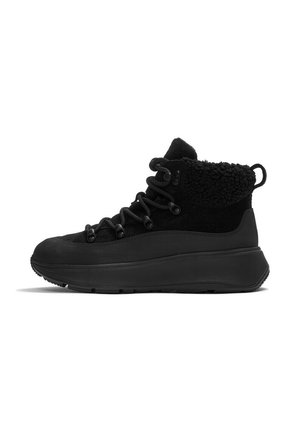 Black high-top shoes with a smooth lower body and textured upper. Features a cushioned ankle collar and molded laces for secure fit.