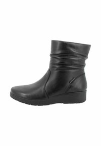 Stivaletti neri in pelle con una canna morbida, punta rotonda e tacco basso a cuneo. Presentano una zip laterale e una texture liscia.