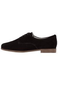Scarpe oxford in suede nero con finitura liscia, punta rotonda, lacci sottili e tacco in gomma marrone basso. Design classico con dettagli di cucitura delicati.