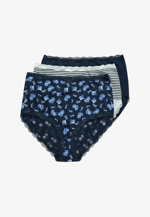 Driepack vrouwenonderbroeken in marineblauw, met een bloemenpatroon, gestreept motief en kantafwerking. Het materiaal lijkt zacht en rekbaar.
