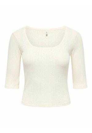 Top cu mâneci scurte de culoare crem deschis, având un decolteu pătrat, textură ribbed și modele subtile de diamante pe întreaga țesătură.