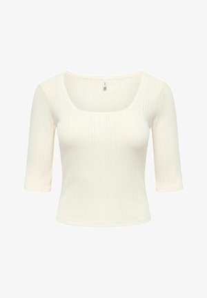 Top cu mâneci scurte de culoare crem deschis, având un decolteu pătrat, textură ribbed și modele subtile de diamante pe întreaga țesătură.