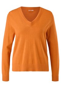 Orange tröja med V-ringning, långa ärmar, ribbade muddar och fåll, mjukt material och avslappnad passform. Mönsterfri design.