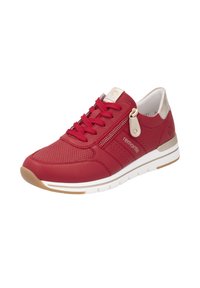 Red leather sneaker with perforated texture, lace-up front, side zipper, and light-colored accents. White sole with a beige rubber outsole.