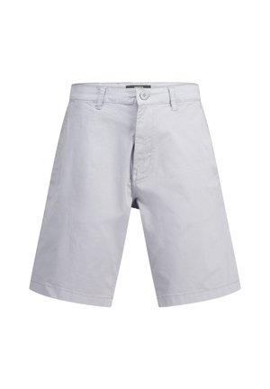 Helle graue Baumwollshorts mit geradem Schnitt, Knopfverschluss und Seitentaschen. Glatte Textur mit einem sauberen, einfachen Design.