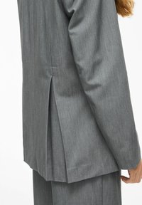Šedý blazer vyrobený z texturované tkaniny s rozděleným zadním tvarem. Tkanina má jemné vertikální pruhy. Dlouhé rukávy sahají za zápěstí.
