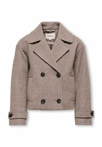 Rjav volnen mešani peacoat z dvojno zaponko, velikimi ovratniki in črnimi gumbi. Ima stranske žepe in zložene manšete.