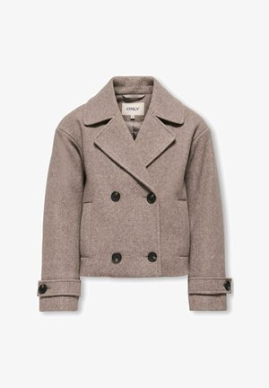 Rudas vilnos mišinio piko tipo paltas su dvigubai užsegamu dizainu, dideliais atlapais ir juodomis mygtukais. Turintis šonines kišenes ir sulankstytus rankogalius.