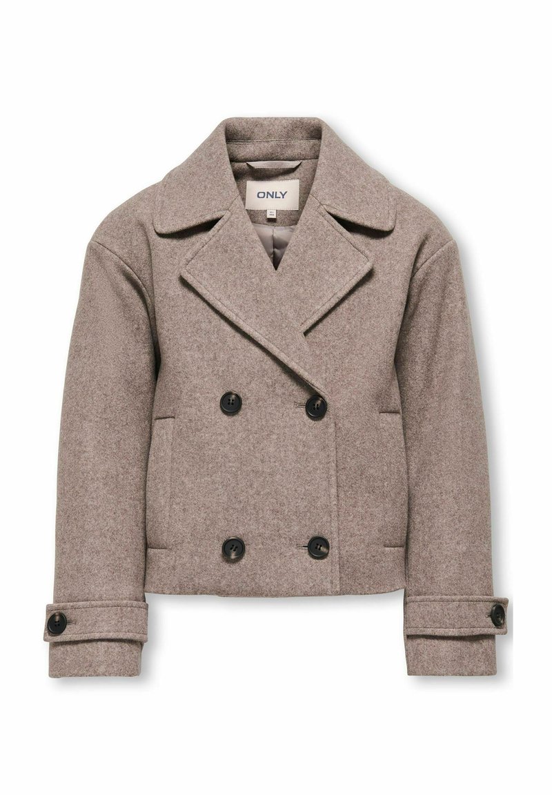 Rjav volnen mešani peacoat z dvojno zaponko, velikimi ovratniki in črnimi gumbi. Ima stranske žepe in zložene manšete.