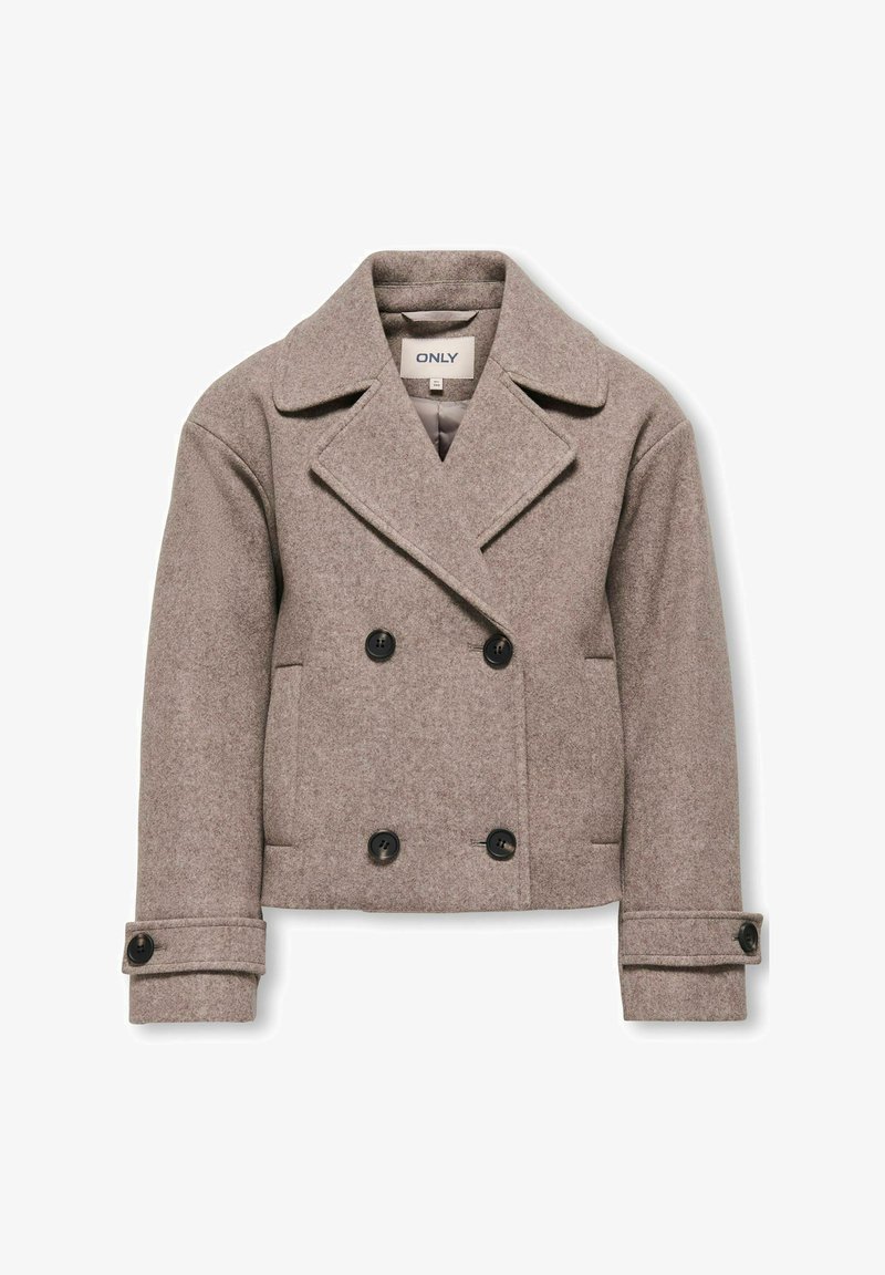 Rjav volnen mešani peacoat z dvojno zaponko, velikimi ovratniki in črnimi gumbi. Ima stranske žepe in zložene manšete.