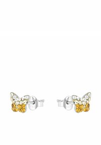Pendientes de mariposa de plata con acentos de cristal amarillo y transparente. Diseño intrincado con acabado pulido, respaldo resistente y alas detalladas.