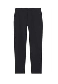 Pantaloni neri con design a gamba dritta, dotati di chiusura con bottone, passanti per cintura e dettagli di cucitura minimi. Tessuto liscio e leggero.