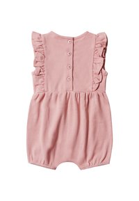 Romper in cotone rosa con spalline arricciate e chiusura a bottoni sul retro. Tessuto morbido, aperture per le gambe elastiche e dettaglio in vita arricciato.