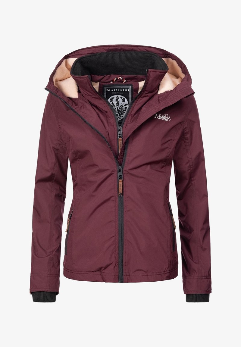 Veste d'extérieur femme bordeaux à capuche avec double zip frontal, poches latérales, col doublé en polaire et logo sur la poitrine.