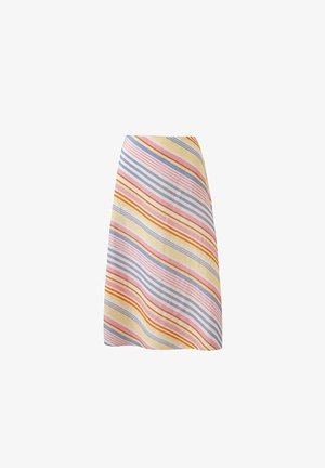 Aansluitend rokje tot de knie in een lichte stof met meerkleurige diagonale strepen in roze, geel, oranje en blauw. Soepele textuur.