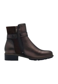 Bottines en cuir marron avec une fermeture éclair latérale, des accents texturés, un talon plat et une finition lisse, présentant un design à bout rond.