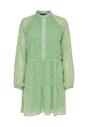 Robe longue à manches longues vert clair avec petit imprimé floral, patte de boutonnage à l'avant, taille froncée et jupe à volants.