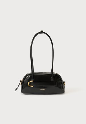 Borsa a mano in pelle nera dalla forma arrotondata, con due manici e dettagli in metallo dorato. Include una chiusura con cerniera e un dettaglio con logo sul davanti.