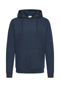 Sudadera azul marino hecha de tela suave, presenta un bolsillo canguro y cordones, con puños y dobladillo acanalados, terminada con una pequeña etiqueta de logo.
