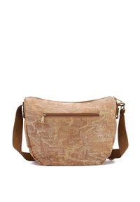 Borsa a tracolla color marrone chiaro con un design mappato testurizzato, una tasca frontale con zip e una robusta tracolla marrone.