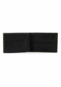 Black leather wallet with a textured finish. Features include multiple card slots and a single compartment for cash or cards.