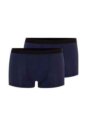 Deux paires de boxers pour hommes bleu marine avec des ceintures noires, présentées côte à côte sur un fond blanc.