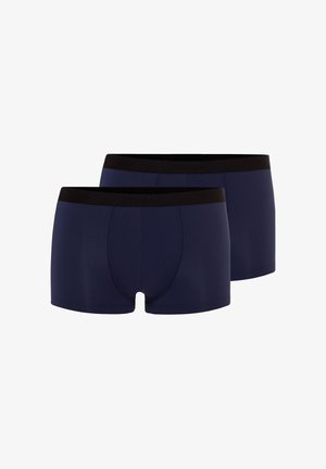 To par mørkeblå herreboxershorts med sorte linninger, vist side om side på en hvid baggrund.