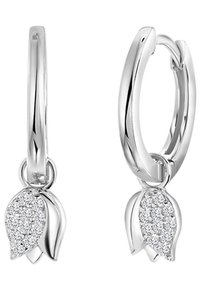 Boucles d'oreilles en argent avec un pendentif en forme de feuille, incrusté de plusieurs pierres scintillantes, présentant une finition polie et une texture lisse.
