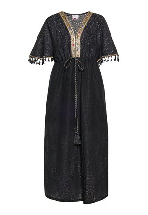 Black maxi dress with short sleeves, featuring a V-neckline adorned with colorful embroidery and tassels, and a cinched waist with a drawstring.