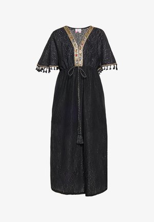 Schwarzes Maxikleid mit kurzen Ärmeln, das über einen V-Ausschnitt mit bunten Stickereien und Quasten verfügt, sowie eine taillierte Taille mit einem Kordelzug.