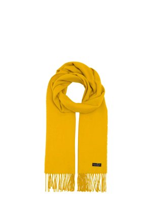 Bright yellow scarf with fringed ends and a small black brand label on one side, displayed flat with a looped center.