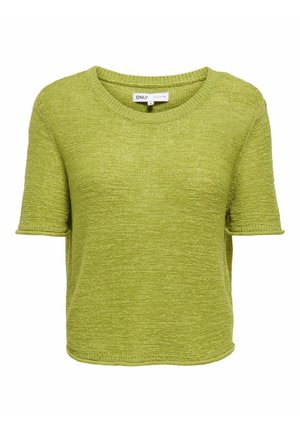 Lysegrøn kortærmet strikket sweater med rund halsudskæring og synligt tekstureret mønster, mærket som størrelse medium.