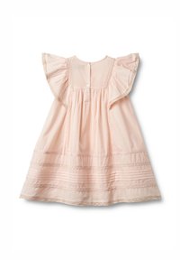 Ljusrosa klänning med volangärmar, knäppning bak och spetsdetaljer längs fållen och bodice. Mjuk, slät bomullstyg.