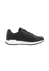 Black sneaker with a textured leather upper, white midsole, and black rubber outsole. Features laces and a padded collar for comfort.