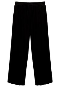 Pantalones de pierna ancha negros, confeccionados en una tela suave, con una cinturilla elástica y un cordón de ajuste, y bolsillos laterales. Textura lisa y corte recto.