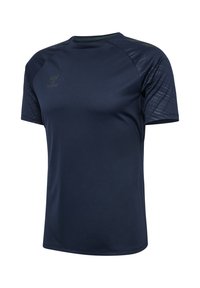 Donker navy sportshirt met korte mouwen, gestructureerde mouwen en een subtiel hummel-logo op de linkerborst.