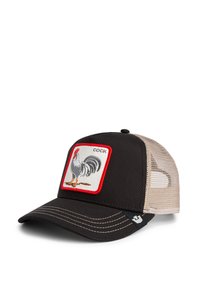 Casquette de camionneur noire avec un patch bordé de rouge présentant un design de coq. Dos en maille et couleur beige contrastante. Visière courbée avec détails de couture.