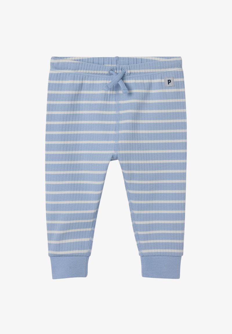 Lichtblauwe geribde broek met witte horizontale strepen. Heeft een elastische tailleband met trekkoord en enkelmanchetten; klein logo-label aan de zijkant.