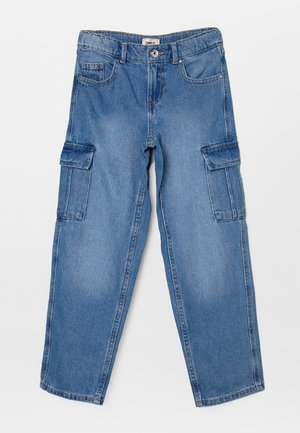 Blå denim cargobukser med knapper foran, bæltestropper, to forlommer og to sidelommer med klap.