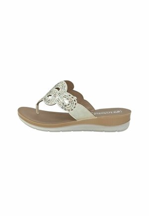 Sandalo beige con zeppa da donna con ritagli decorativi, cinturino infradito con strass e suola imbottita.