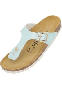 Ljusblå sandal med ett tångdesign, justerbar spänne, korkfotbädd, texturerad brun innersula och vit yttersula.