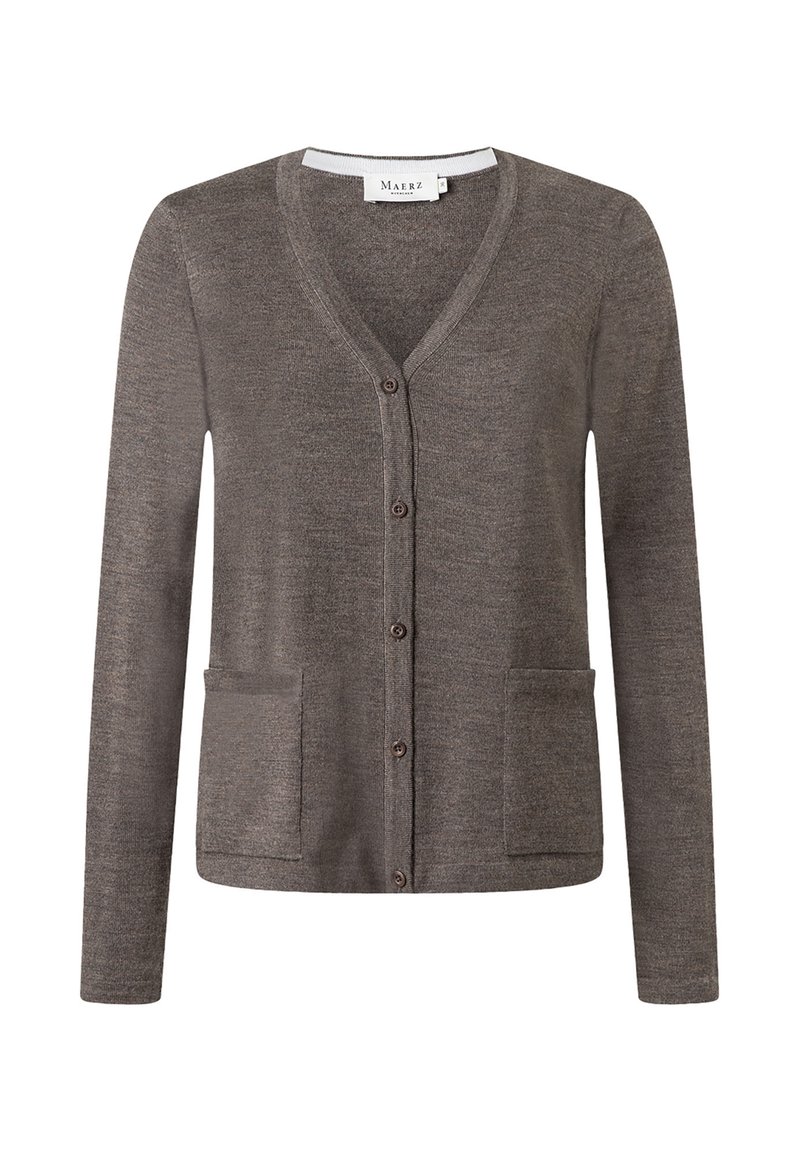 Brun cardigan med V-ringning, framslutning med knappar och två fickor. Mjuk textur och långa ärmar, designad i en avslappnad passform.