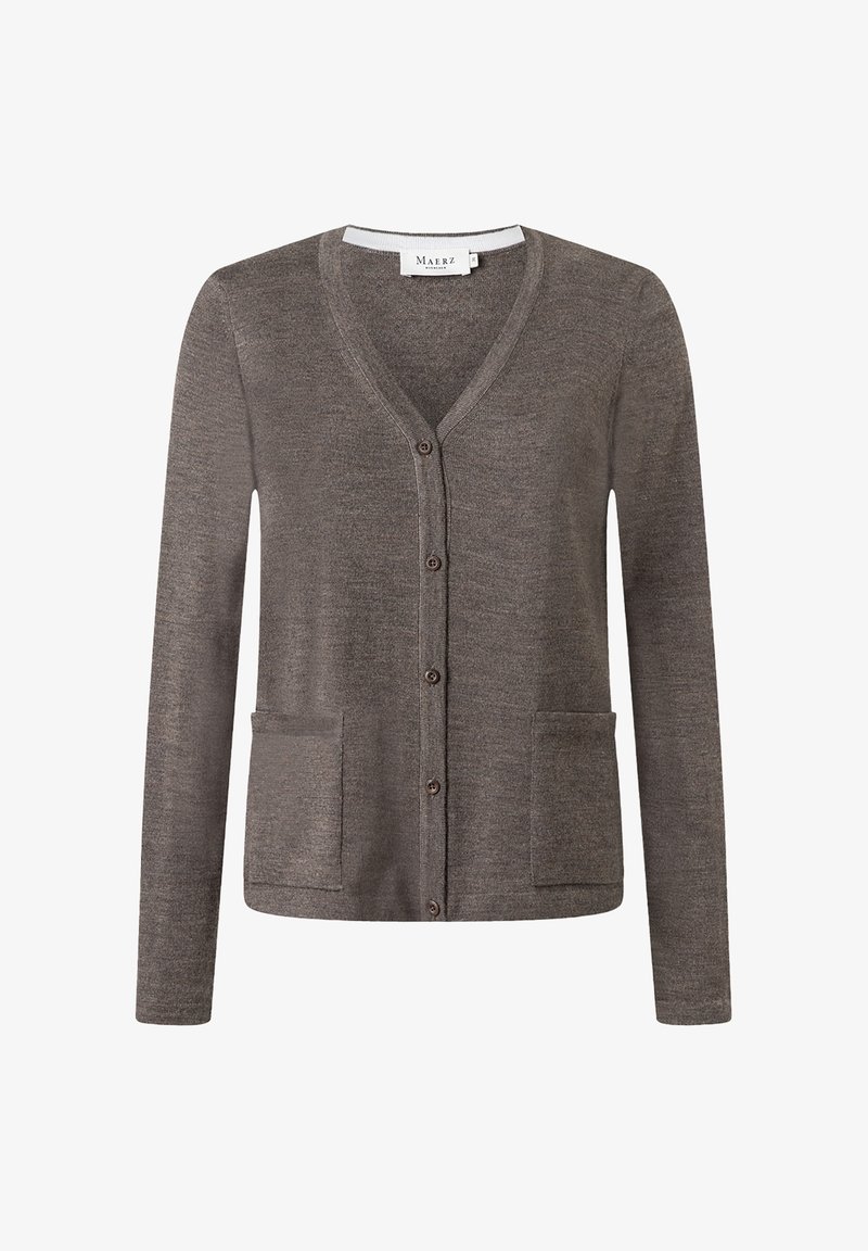 Brun cardigan med V-ringning, framslutning med knappar och två fickor. Mjuk textur och långa ärmar, designad i en avslappnad passform.