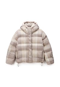 Puffjacka i beige och ljusbrun rutmönster, med huva, elastiska dragskor och en kortad design med quiltad textur.